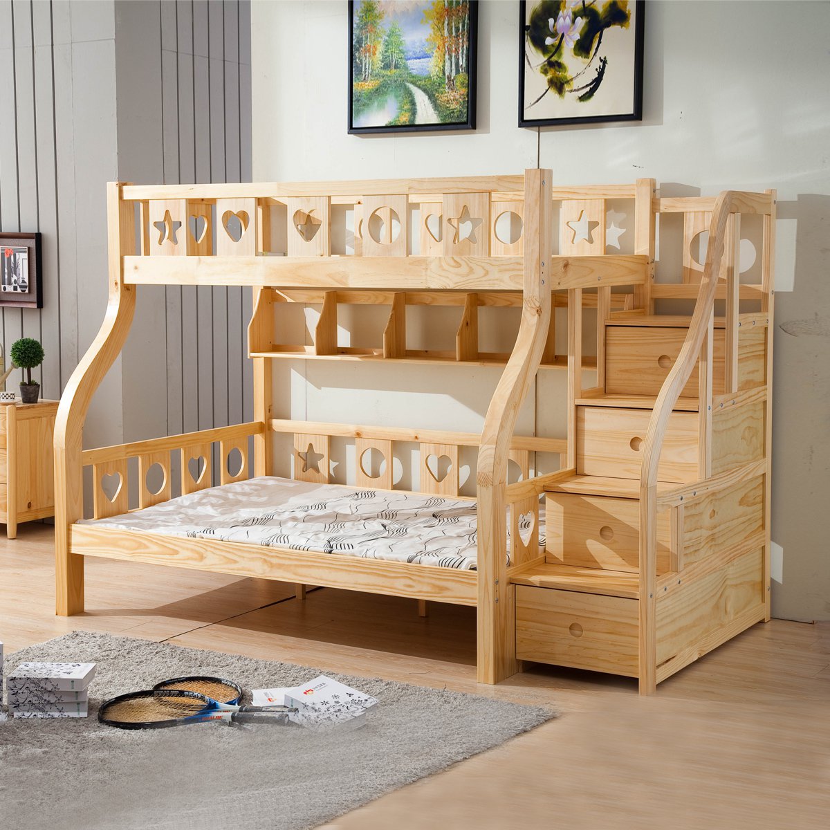 儿童环保松木双层子母床带书架梯柜实木高低床