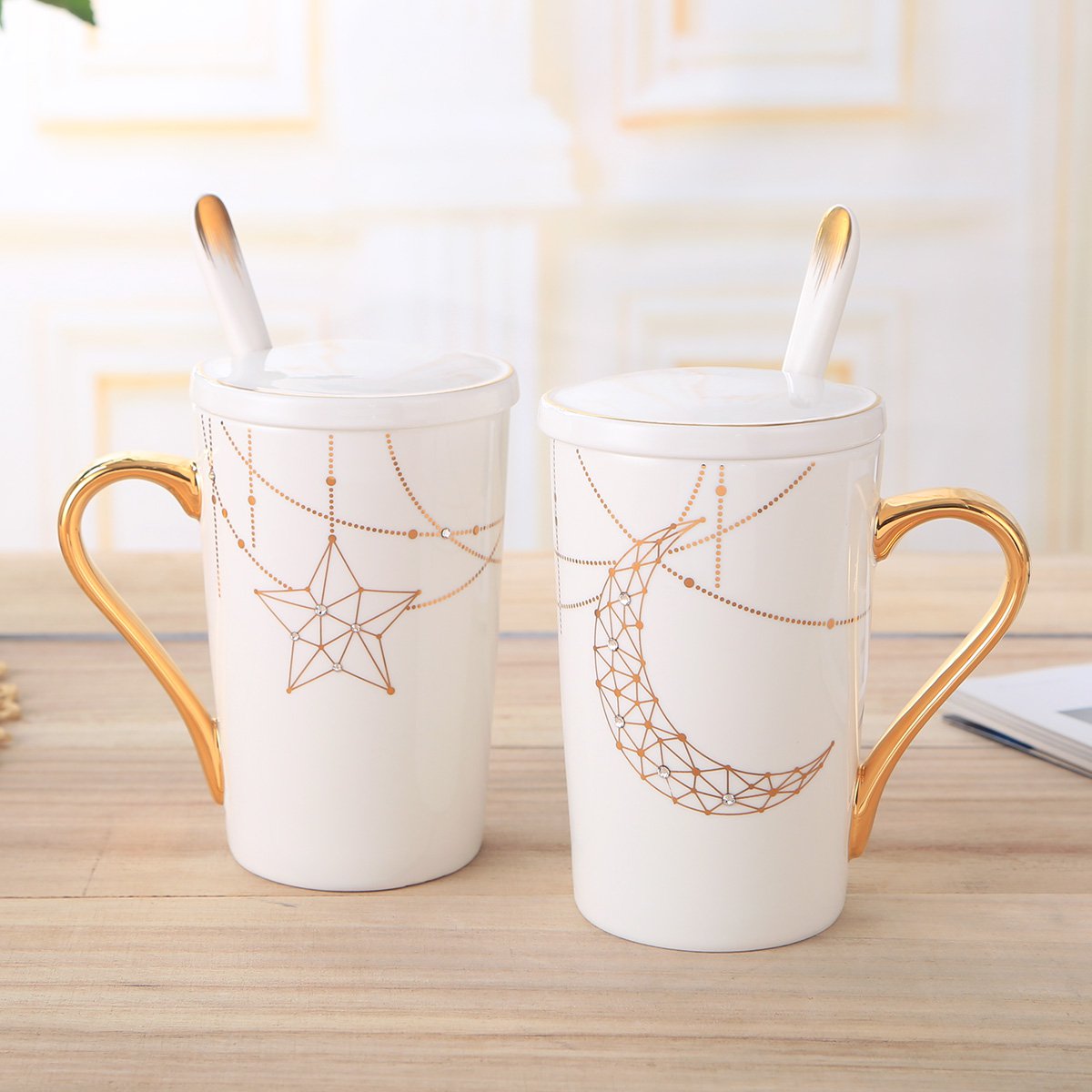 情侣杯镶施华洛世奇水晶情侣杯子一对陶瓷杯马克杯带盖带勺大容量家用