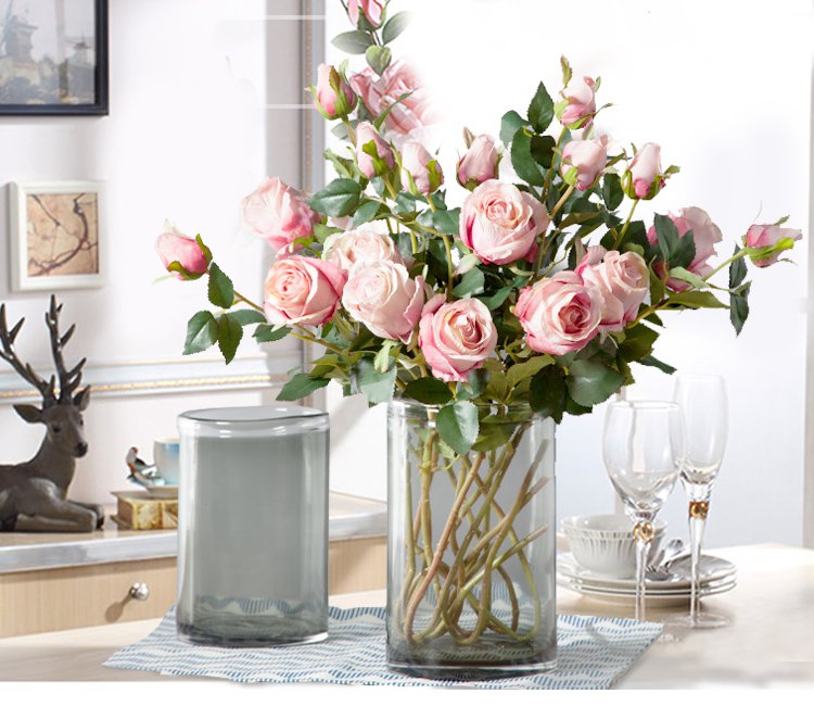 欧式创意居家装饰品客厅玫瑰仿真花插花摆设大号玻璃透明花瓶摆件