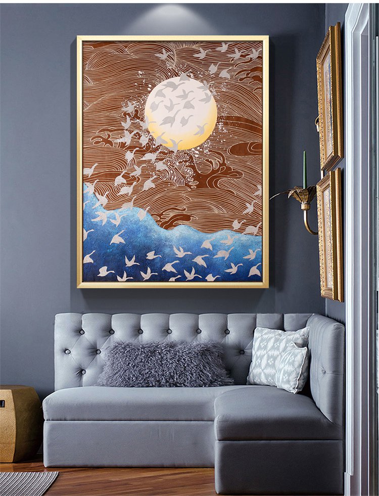 仙鹤送福 纯手绘油画新中式客厅装饰画个性创意挂画现代简约墙画卧室