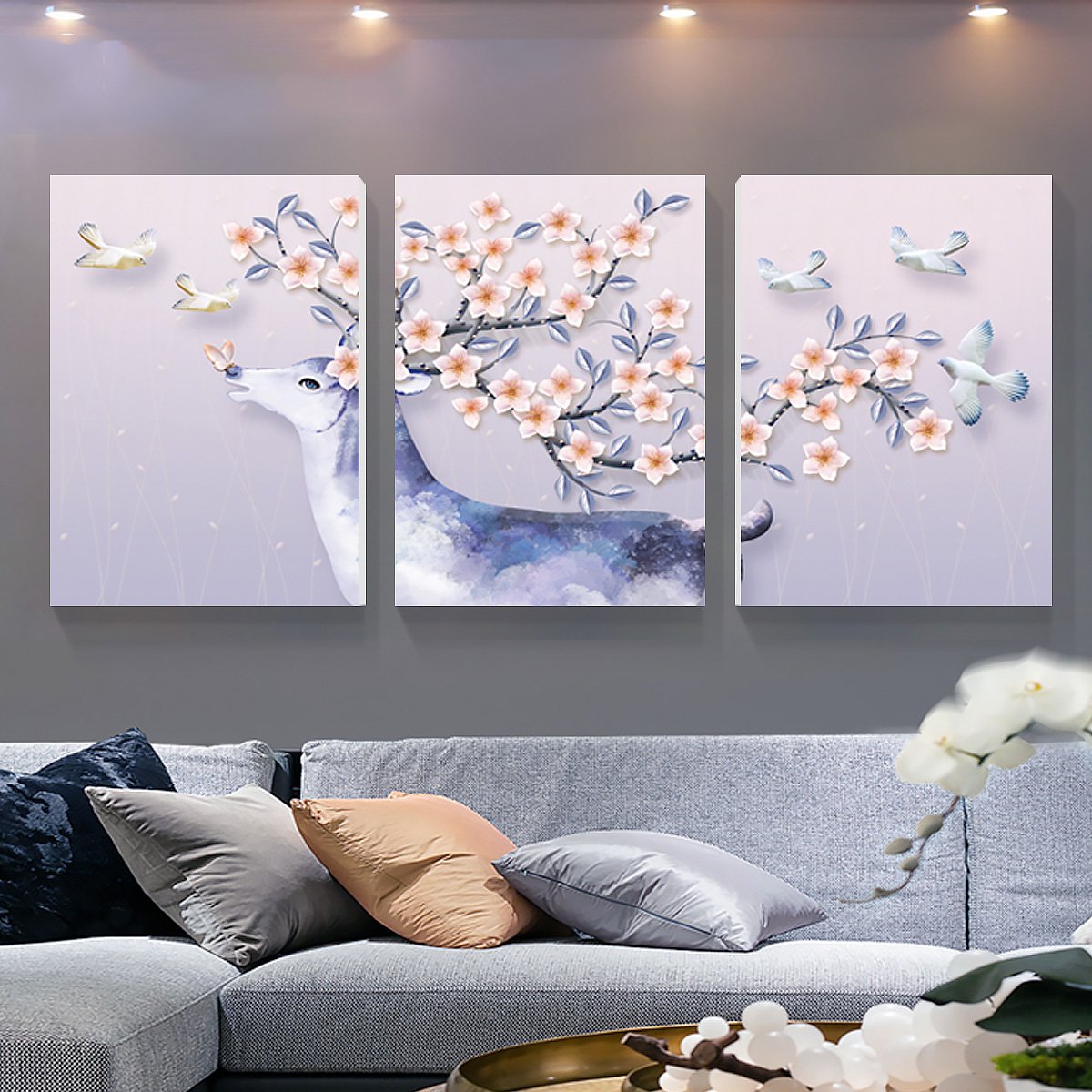 花与麋鹿 北欧吉祥梅花鹿沙发背景墙三联画卧室床头挂画客厅装饰画