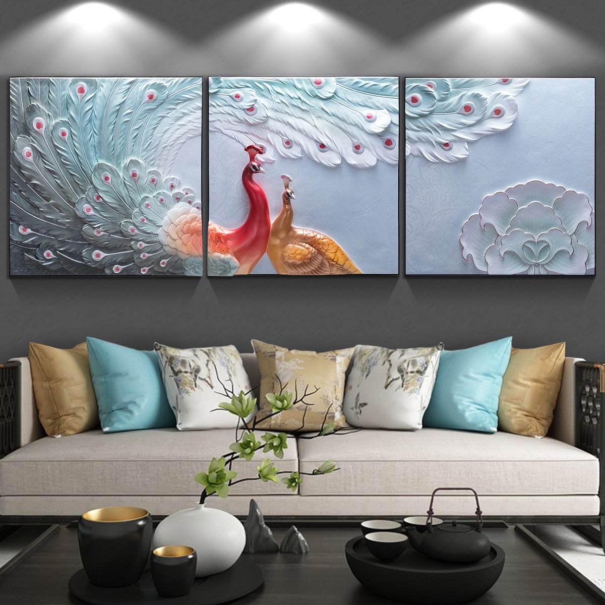 双凤呈祥/祥瑞迎门 客厅70*70cm*3幅沙发背景墙装饰画现代简约三联画