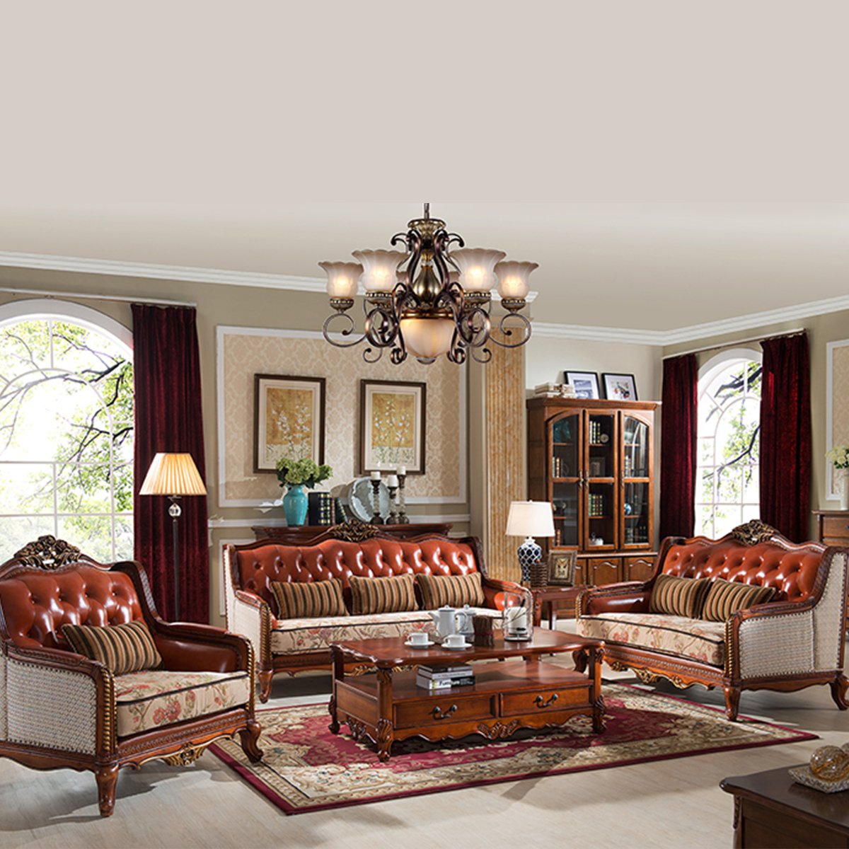 尚轩世家旗舰店美式全实木雕花真皮布艺沙发color图片色_唯品会