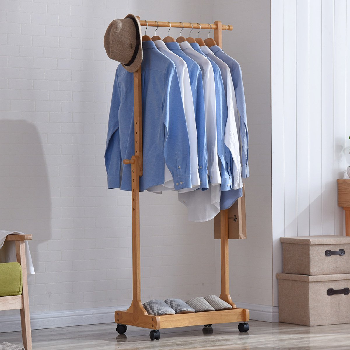 原装进口 可升降衣帽架移动衣架落地衣服架 实木挂衣架