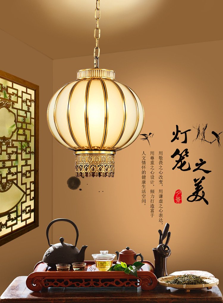中式红灯笼吊灯古典家用阳台灯全铜过道现代简约阳台灯笼灯中国风