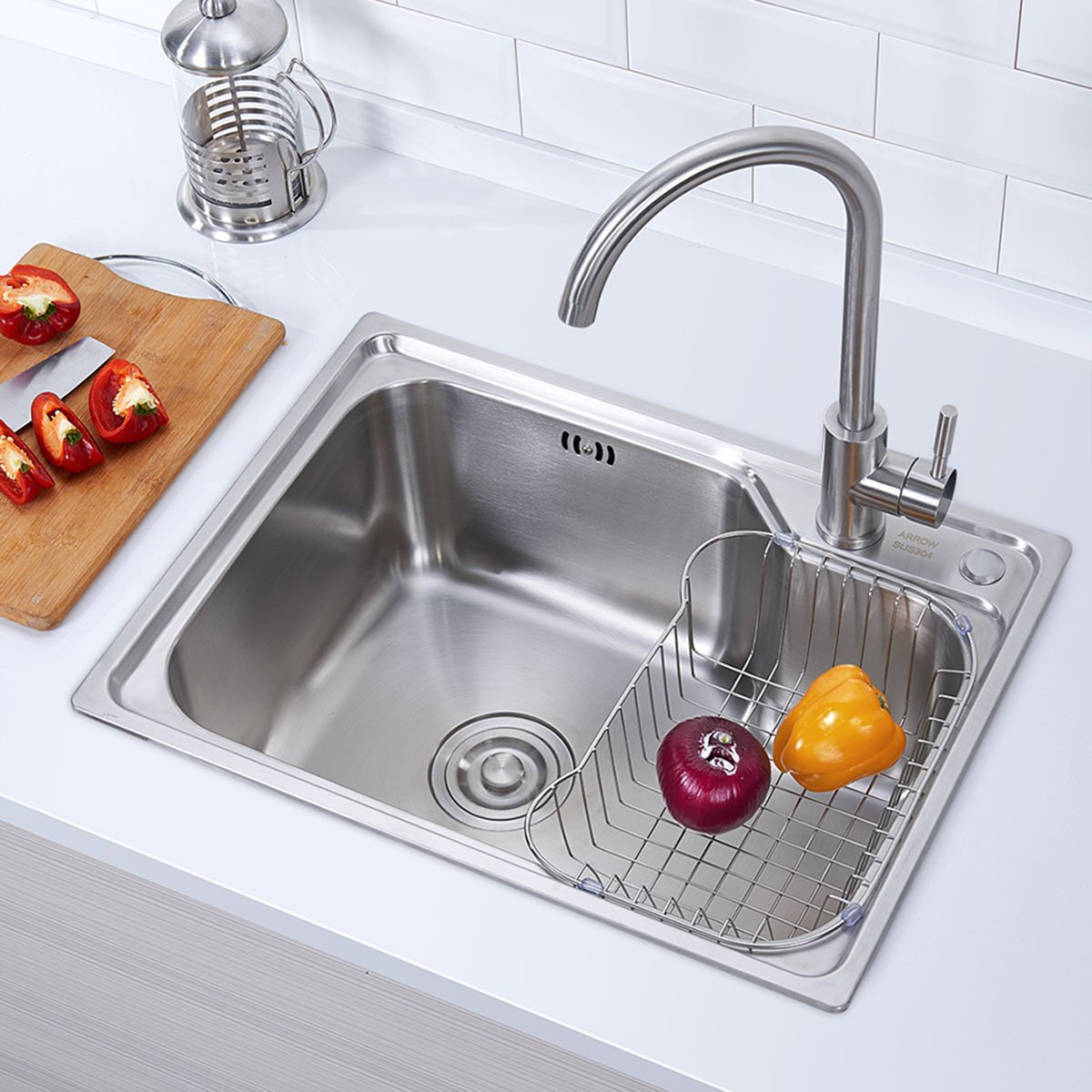 【304不锈钢水槽】58/62/65/68cm厨房单槽套餐一体台上下洗菜盆洗碗