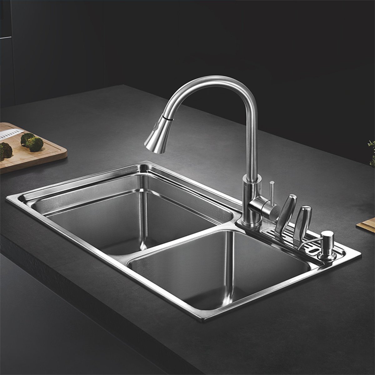 悍高 厨房水槽双槽套餐304洗碗池洗菜盆加厚水盆手工水槽