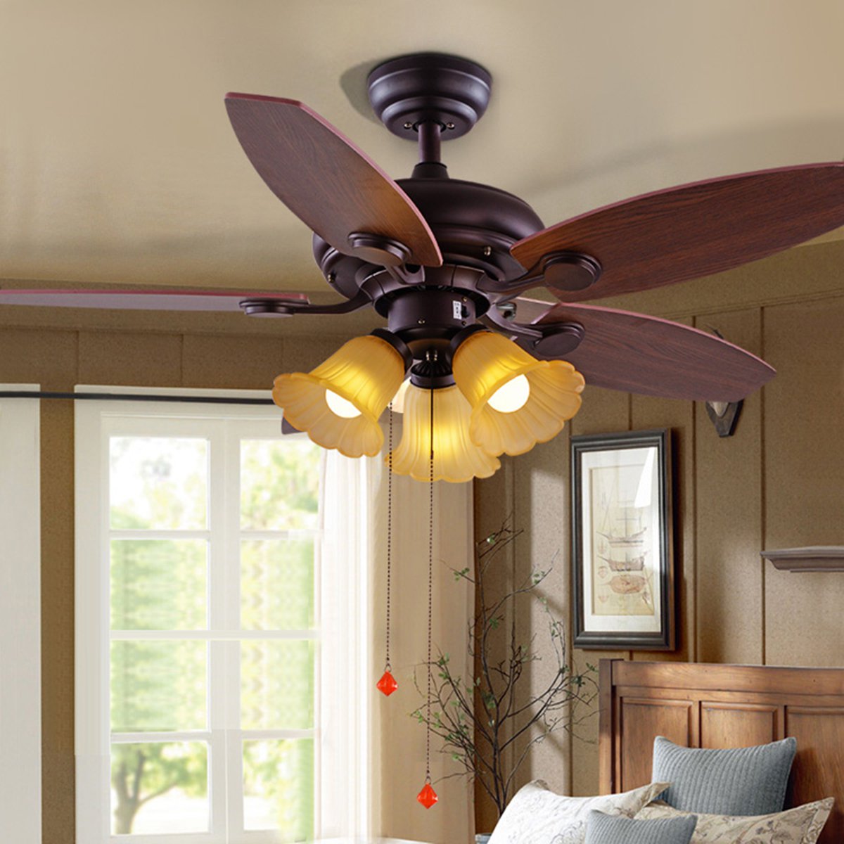 美式乡村吊扇灯餐厅风扇吊灯三头客厅欧式复古带木叶的风扇灯具家用