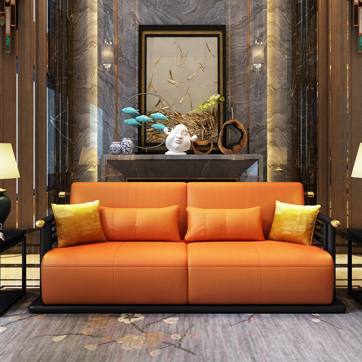 顾里家居 新中式实木沙发组合 现代中式时尚橙色真皮沙发123组合大
