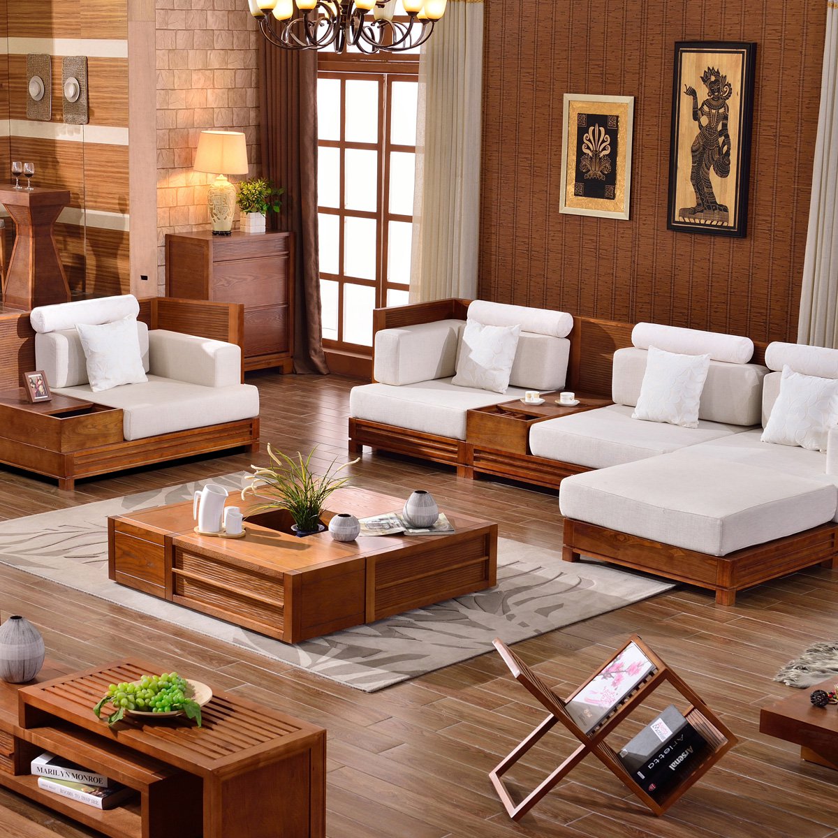 东南亚风格水曲柳客厅实木沙发组合