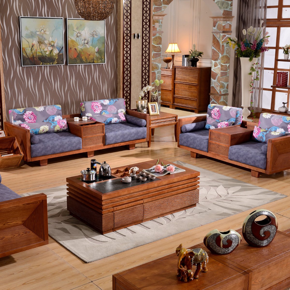 东南亚风格客厅成套家具水曲柳贵妃沙发实木沙发组合