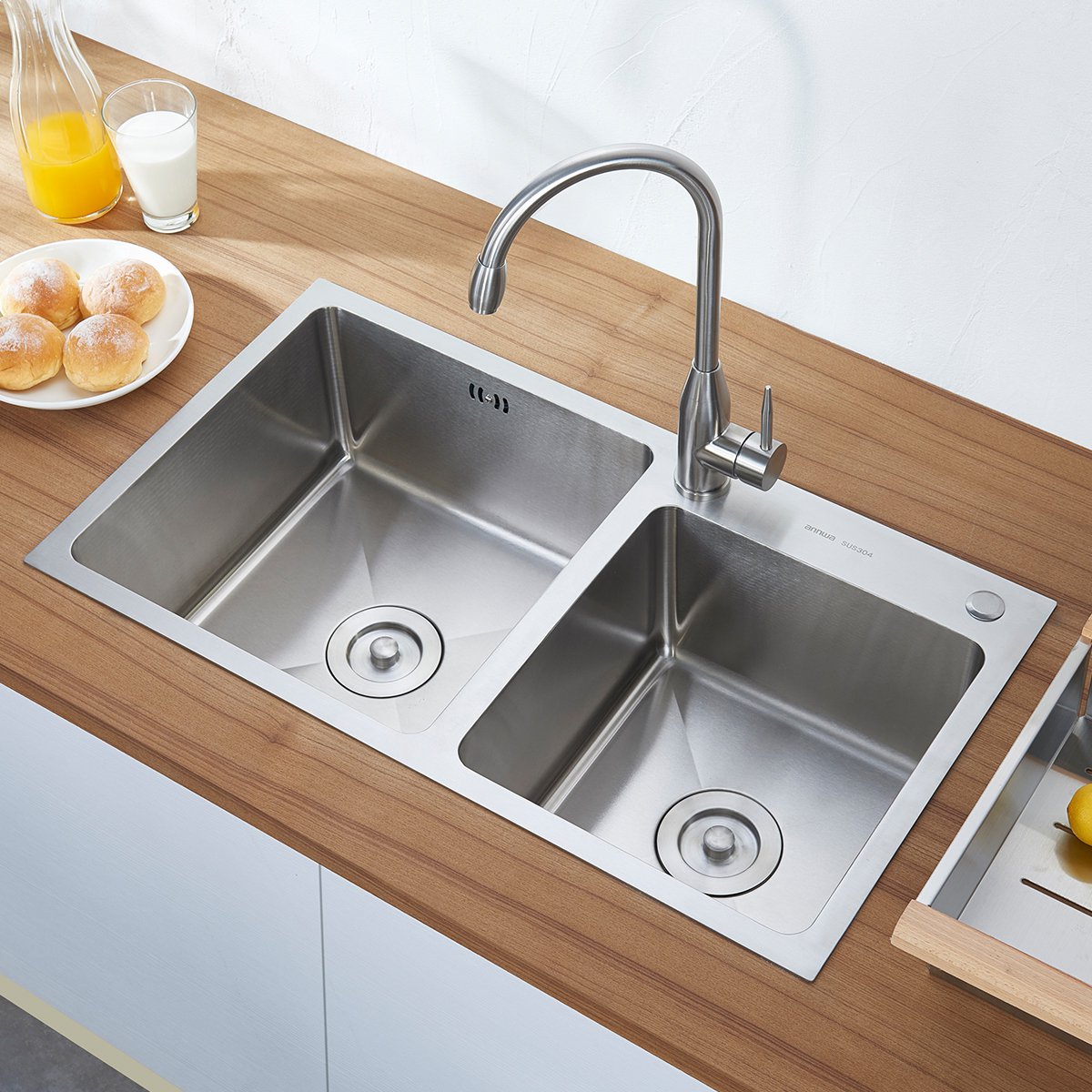 安华(annwa)卫浴厨房纯手工双槽加厚4mm 304不锈钢洗菜盆洗碗槽水池