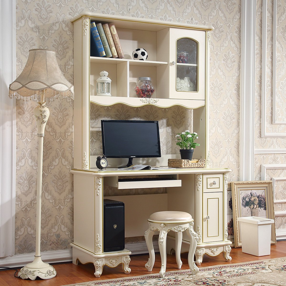 书桌 欧式电脑桌学习桌 学生写字台书桌架组合 书房带书柜书桌 台式