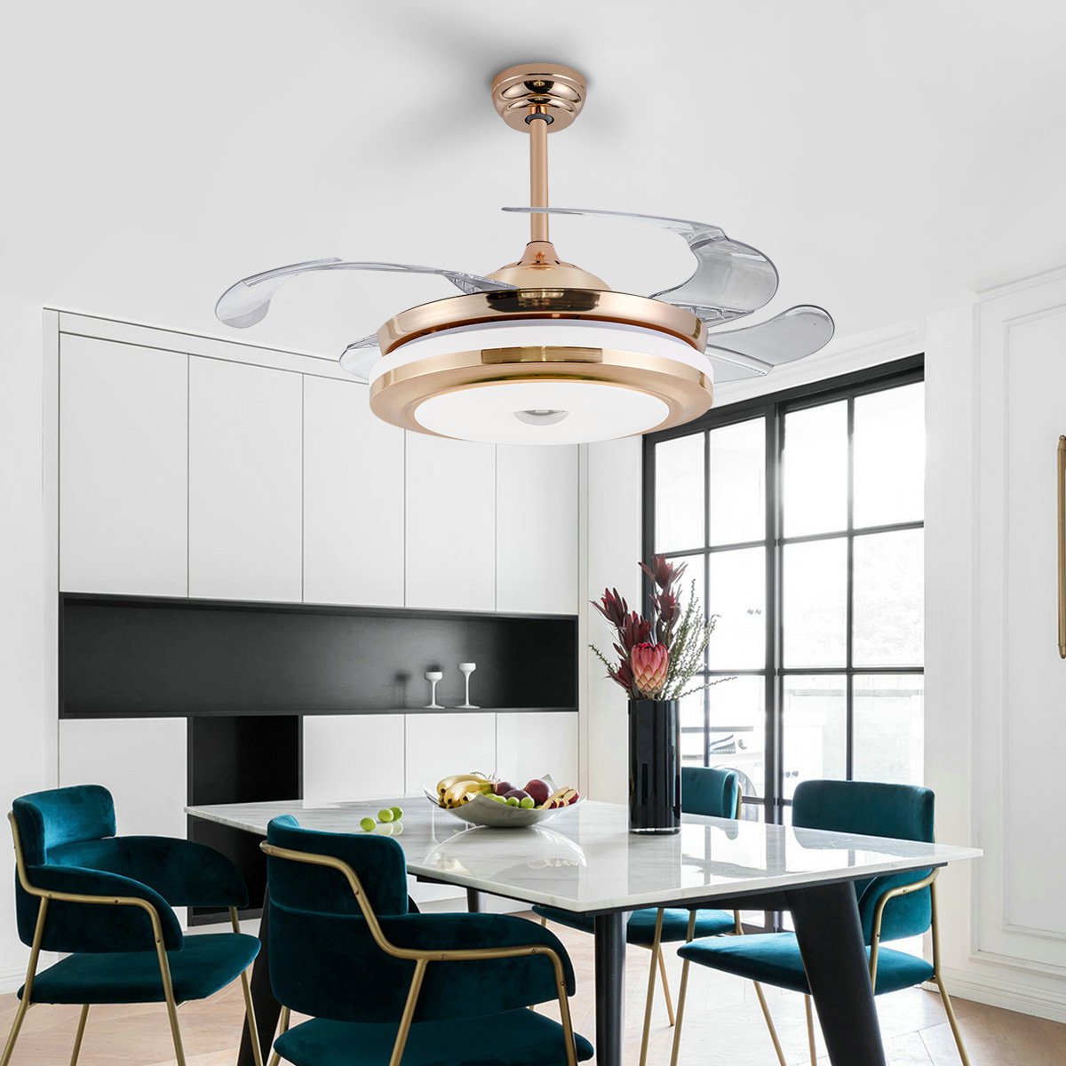 现代简约餐厅吊灯风扇灯吊扇灯隐形扇叶卧室客厅房间遥控灯具