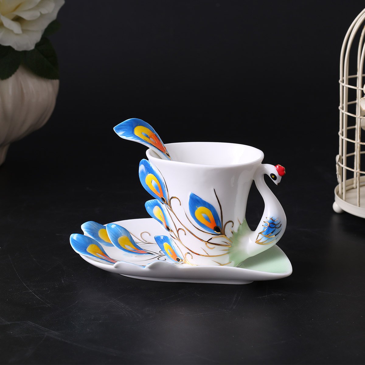 陶瓷杯 创意孔雀杯水杯陶瓷欧式情侣杯子珐琅瓷杯个杯咖啡杯带勺子带