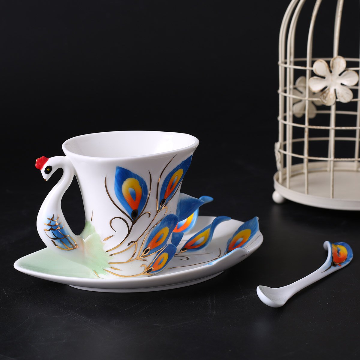 陶瓷杯 创意孔雀杯水杯陶瓷欧式情侣杯子珐琅瓷杯个杯咖啡杯带勺子带