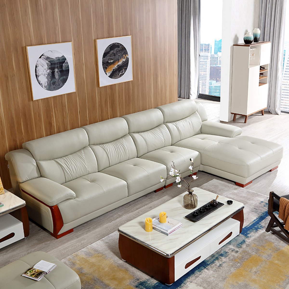 左右现代中式皮艺沙发组合客厅转角大小户型头层真皮沙发整装2605