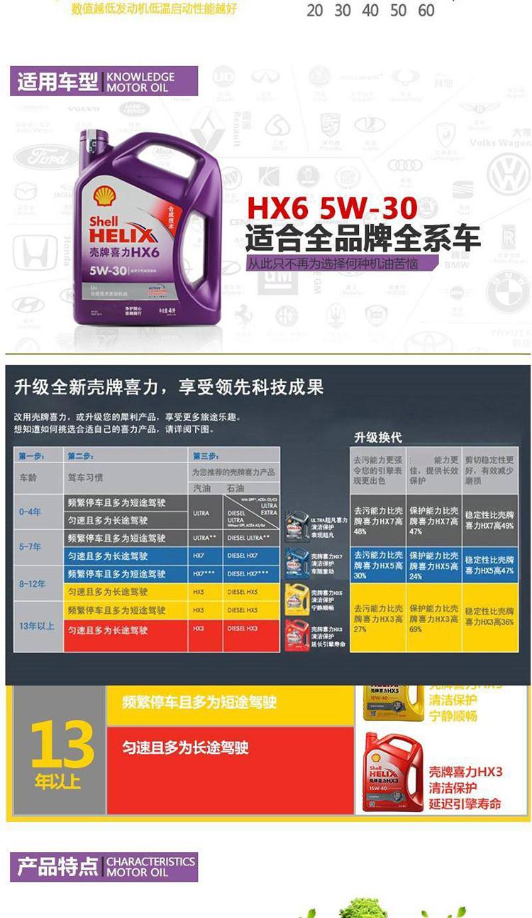 shell壳牌喜力hx6 半合成油紫壳机油 正品 润滑油5w-30汽车用品4l