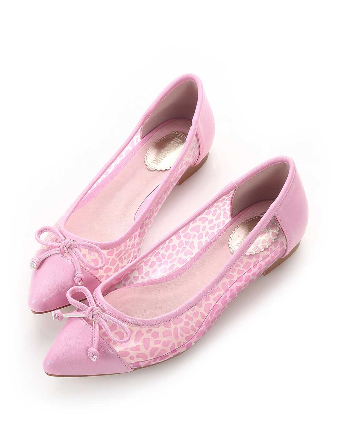 桃粉色蝴蝶结尖头透明平底鞋