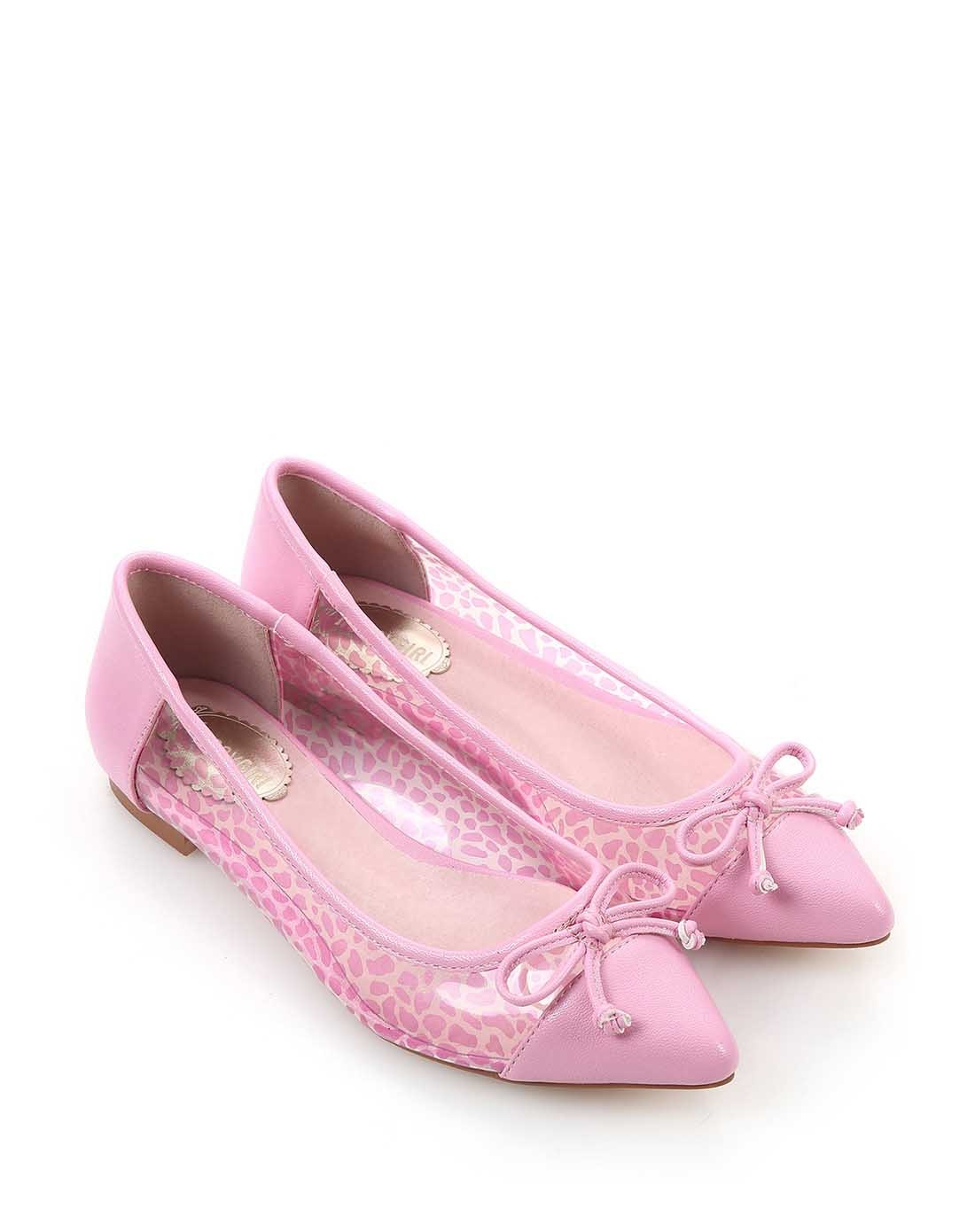 桃粉色蝴蝶结尖头透明平底鞋