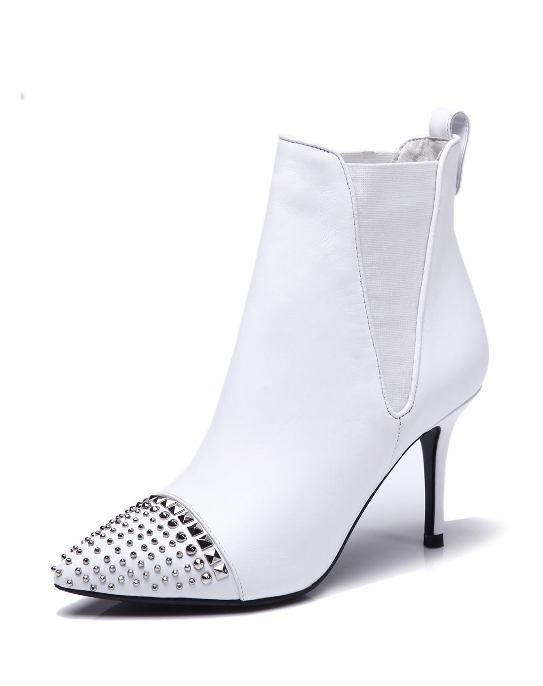 头层牛皮白色细高跟短靴