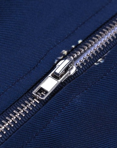 藏青色菠萝印花拉链门襟高腰a摆连衣裙