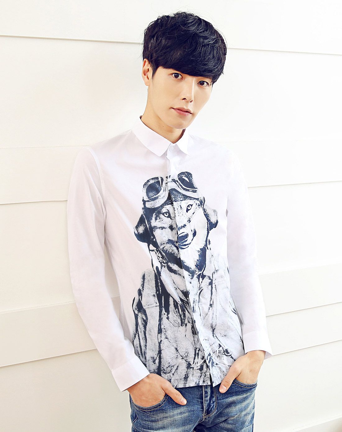 男白色创意动物印花休闲长袖衬衫