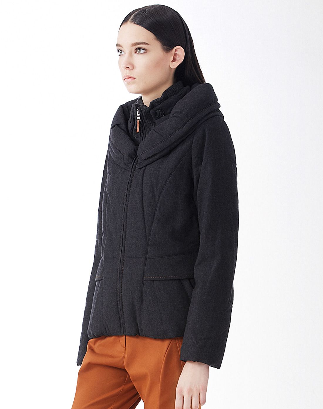 深花灰双层领短棉衣