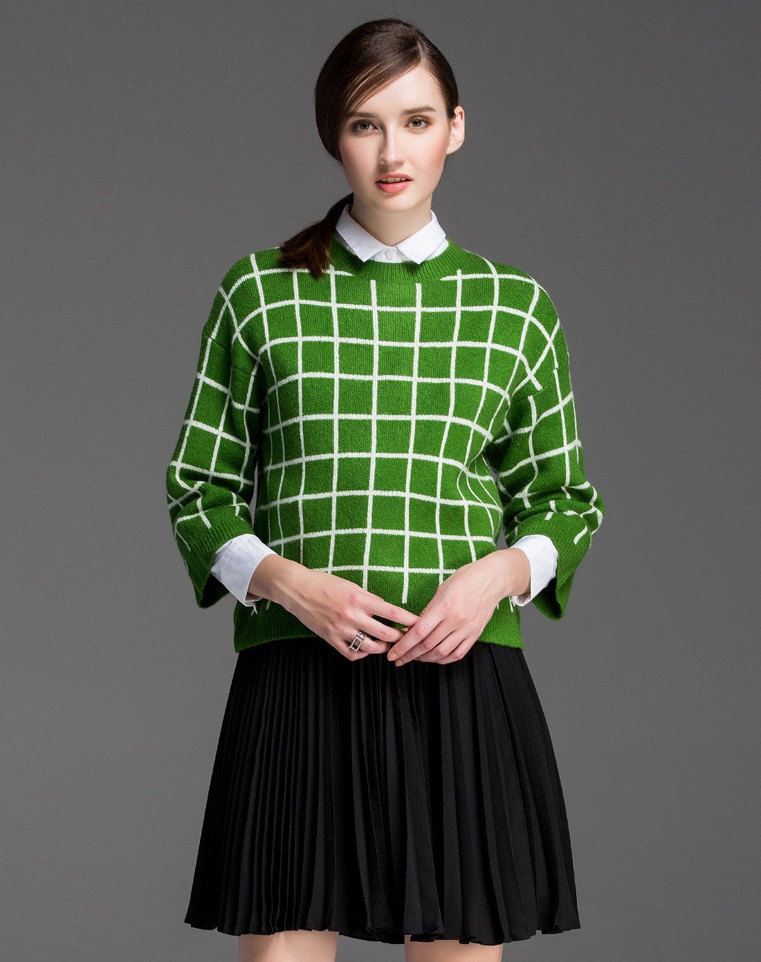 绿色格子修身显瘦长袖针织衫上衣