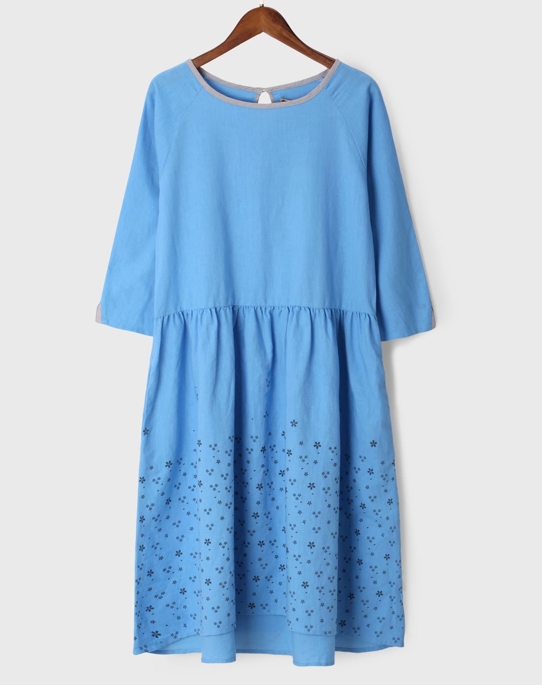 露草蓝 格桑 裙摆印花宽松文艺连衣裙