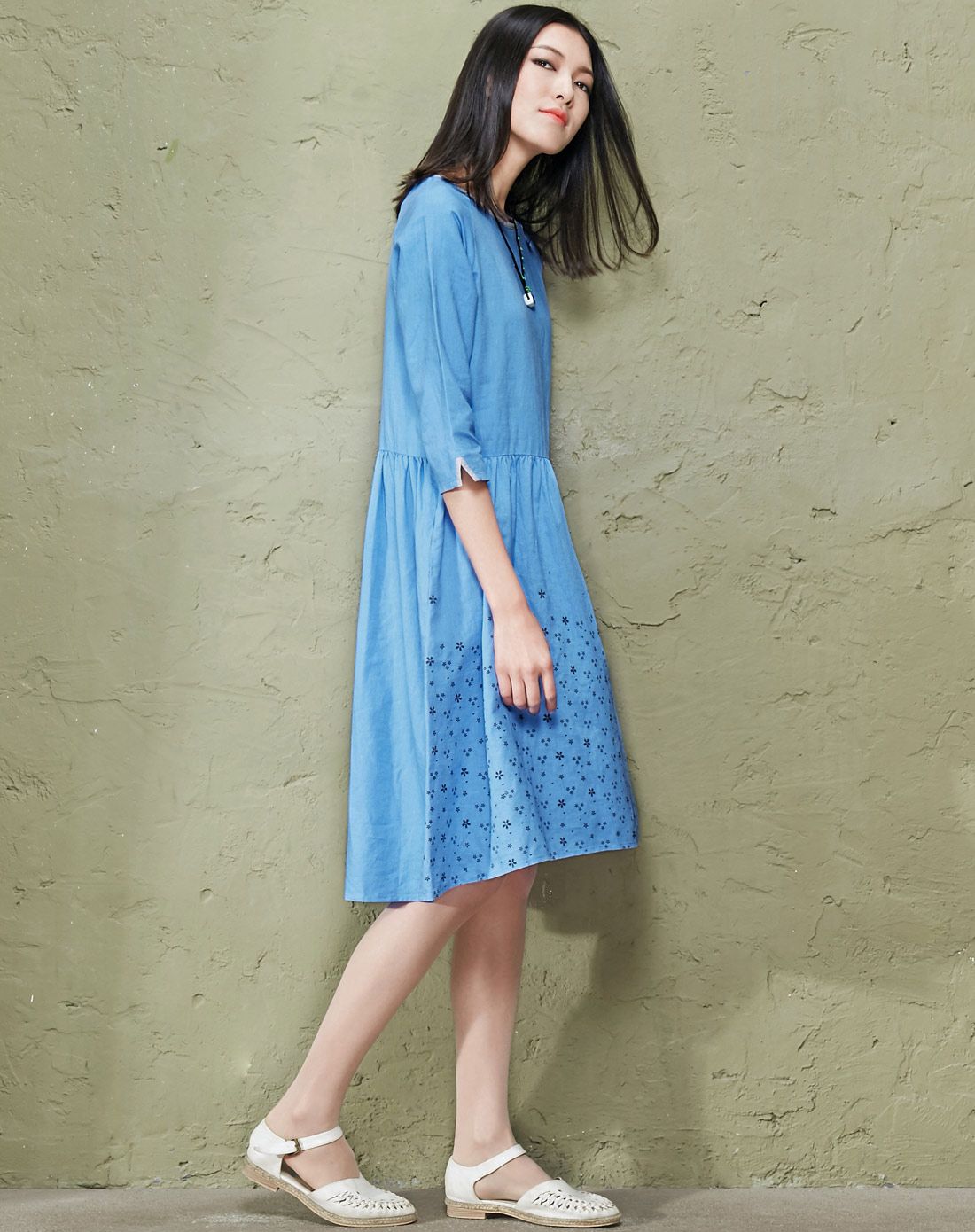 露草蓝 格桑 裙摆印花宽松文艺连衣裙