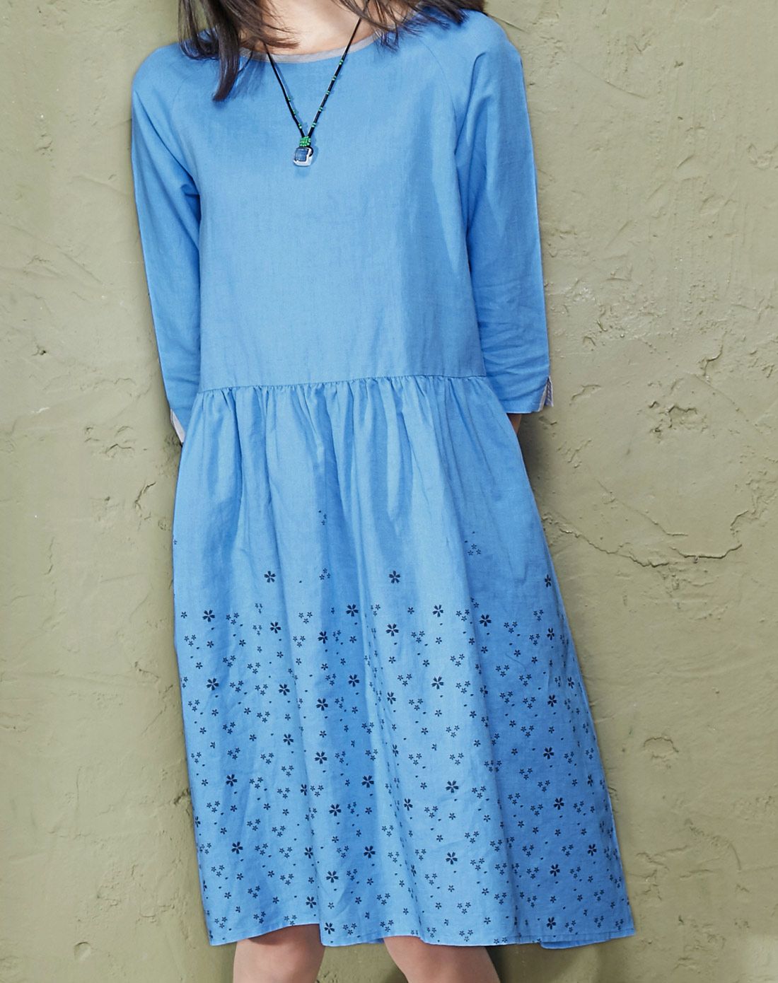 露草蓝 格桑 裙摆印花宽松文艺连衣裙