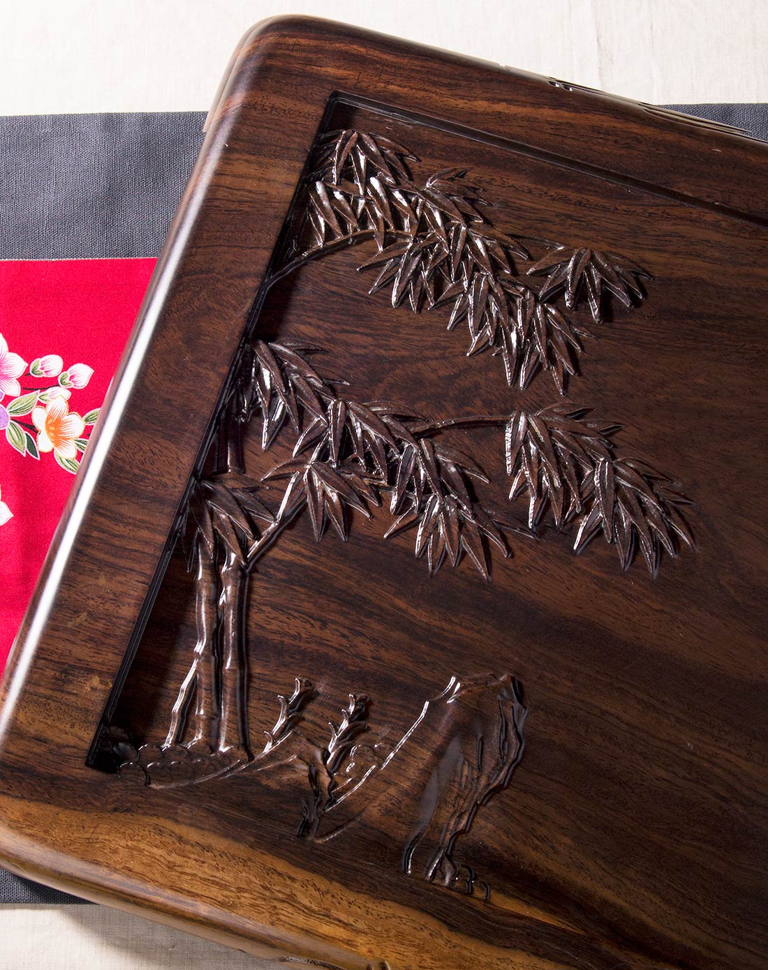 竹林茶隐 黑檀整木雕刻茶盘