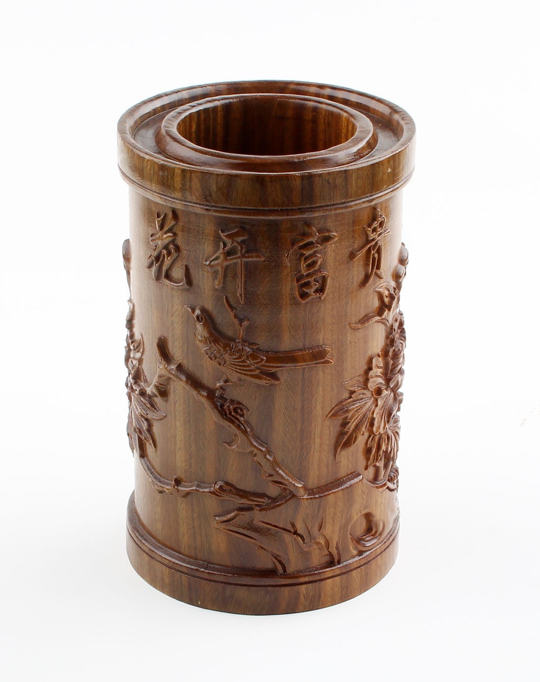 花开富贵-绿檀精雕刻花笔筒