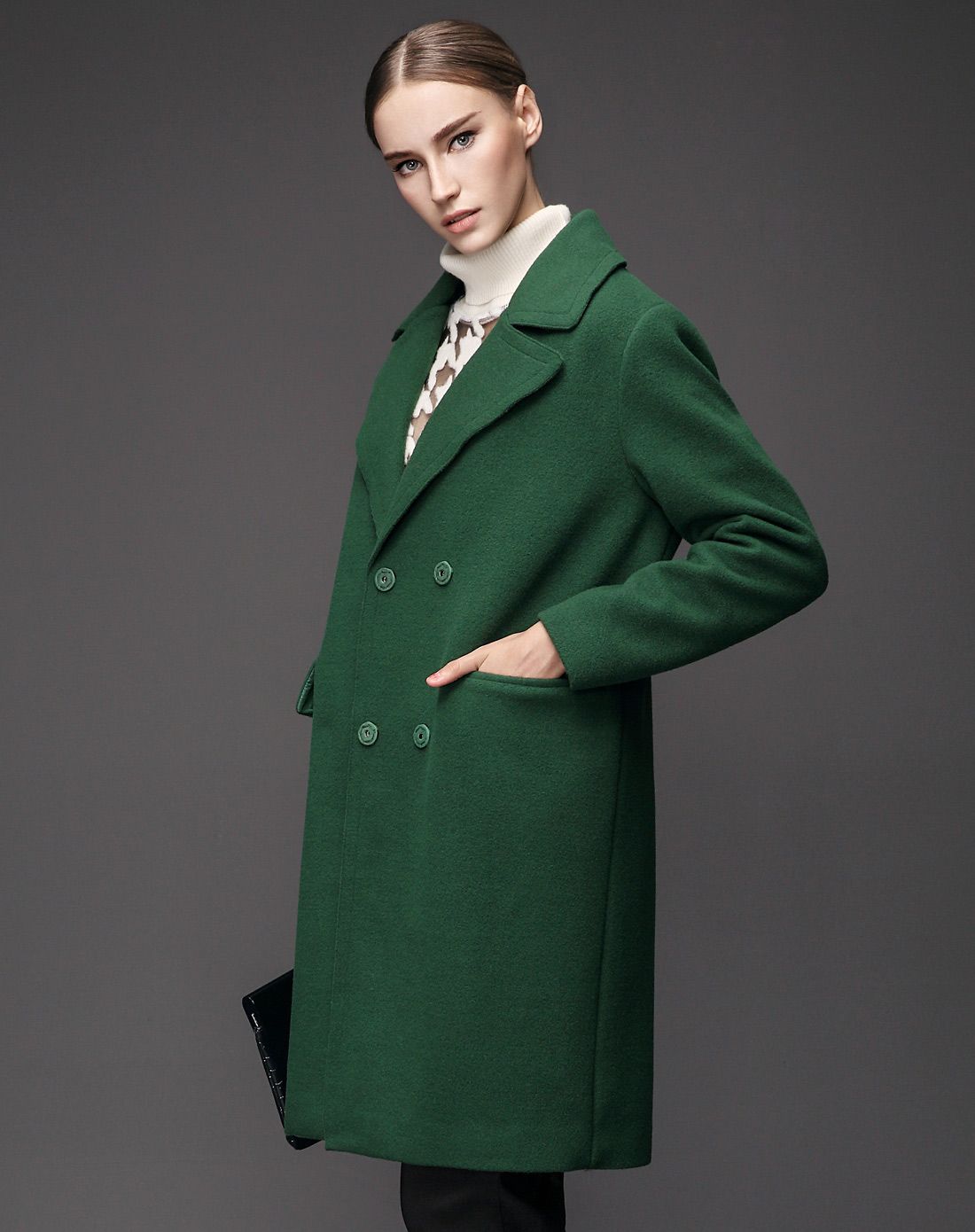 橄榄绿时尚百搭纯色中长款毛呢大衣