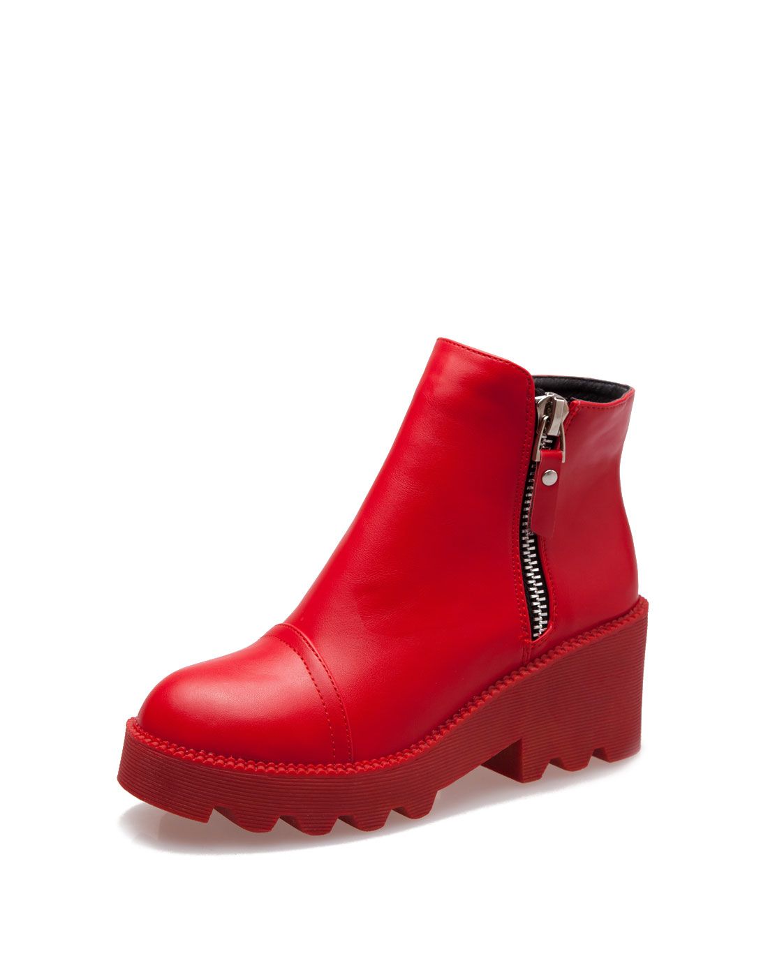 非谜2014款平底圆头侧拉链红色短靴