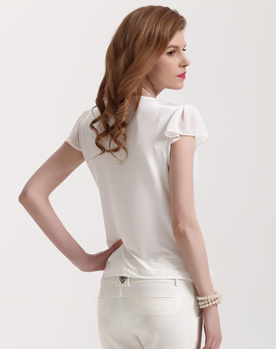 白色短款气质雪纺印花t恤