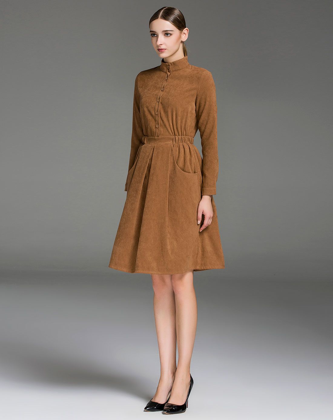 (特惠)棕色立领单排扣复古修身连衣裙