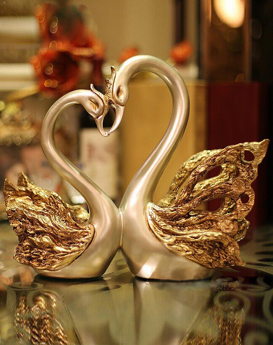 爱心天鹅树脂金色大号装饰摆件