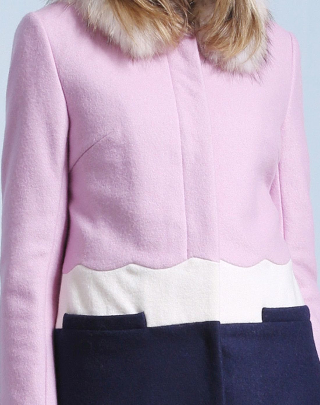 海贝香芋紫拼色毛领收腰毛呢大衣