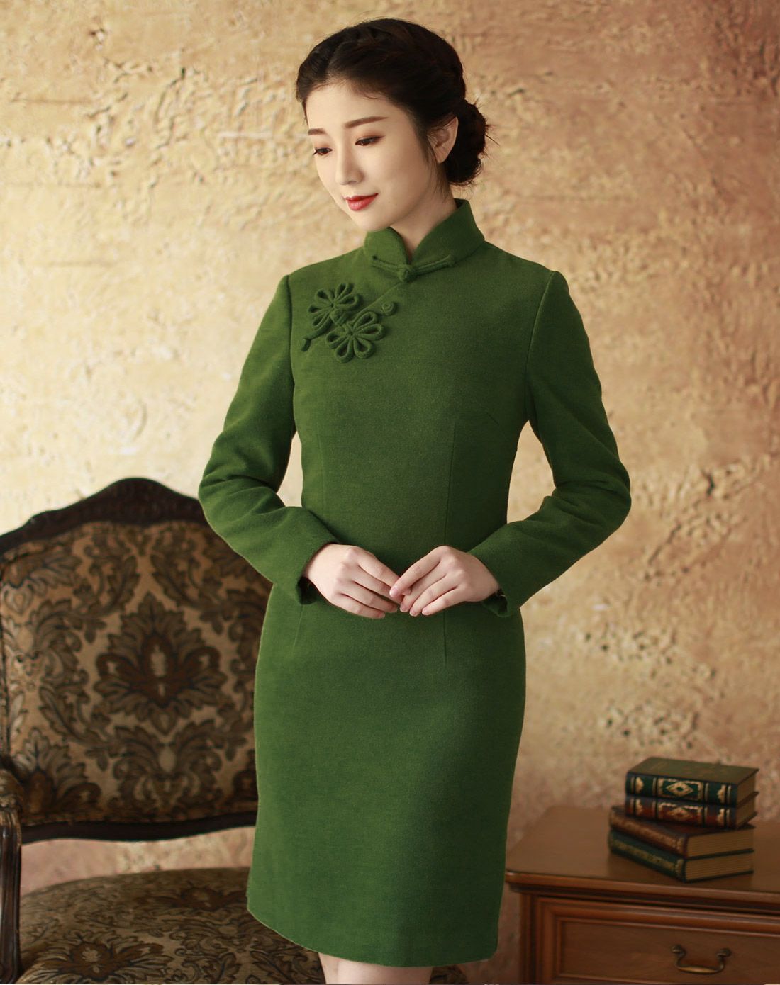 容若 长袖时尚改良复古短款旗袍裙