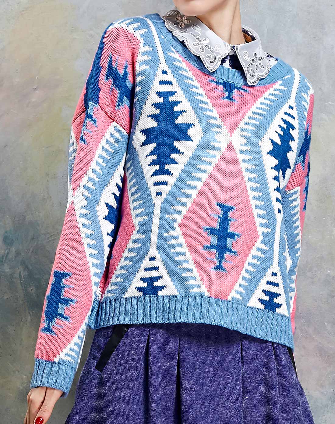 午后24度 菱形花纹撞色复古毛衣