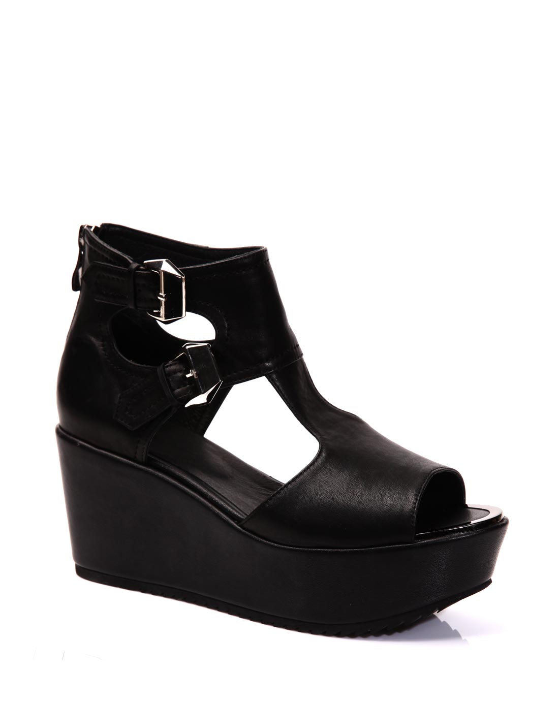 头层牛皮黑色坡跟鱼嘴凉鞋