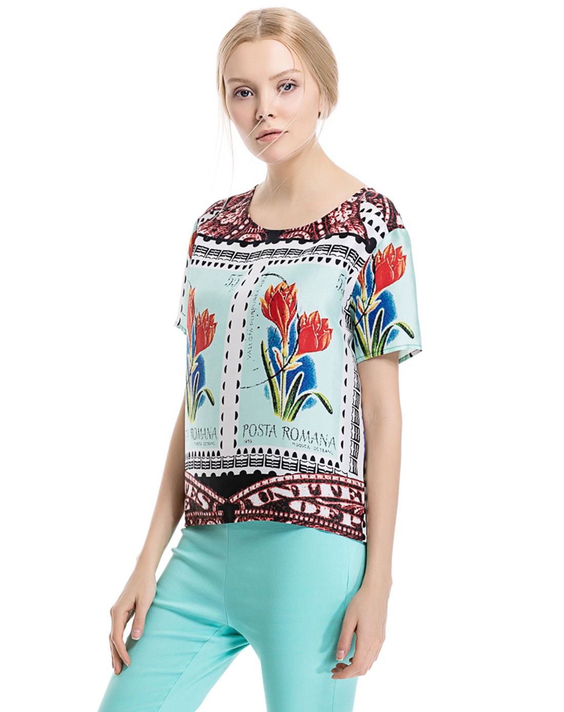 酒红色100%桑蚕丝修身短袖上衣