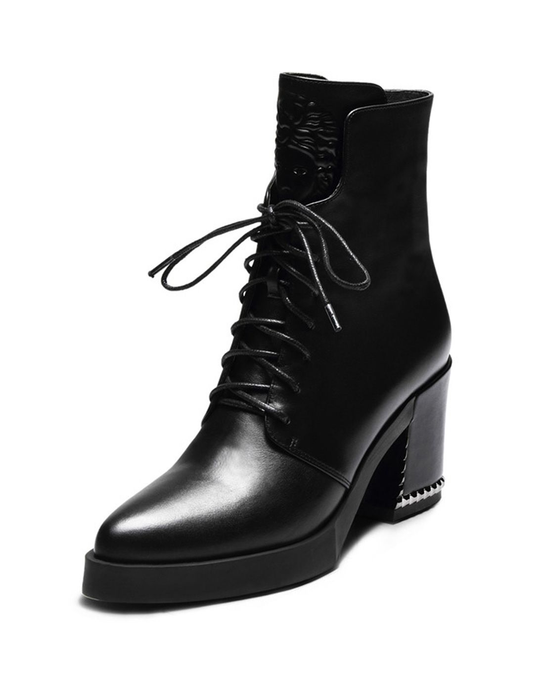 黑色-压花系带粗高跟中筒靴