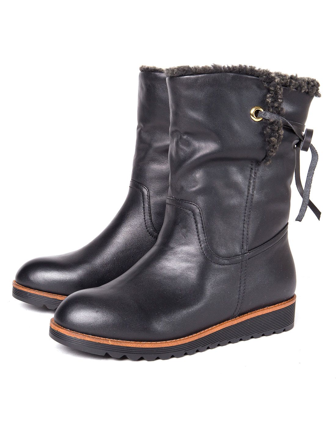 四季风女鞋专场 黑色擦蜡牛皮/卷羔羊毛时尚休闲圆头成型底中靴