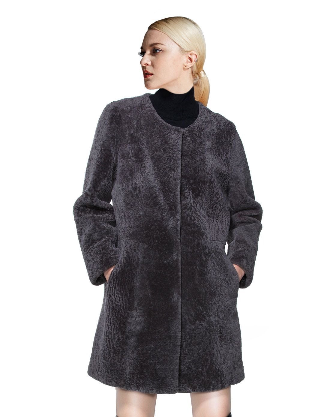 女 灰色 美利奴皮毛一体皮草无领女大衣外套