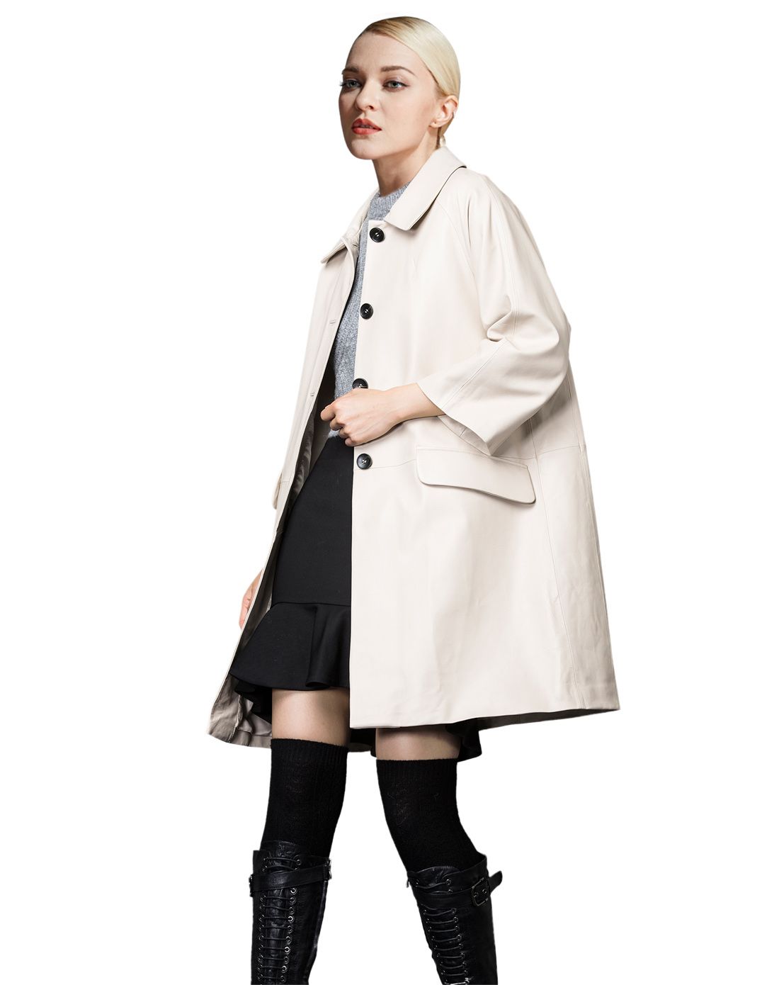 女 米白 纯色绵羊皮皮衣 女式中长款风衣