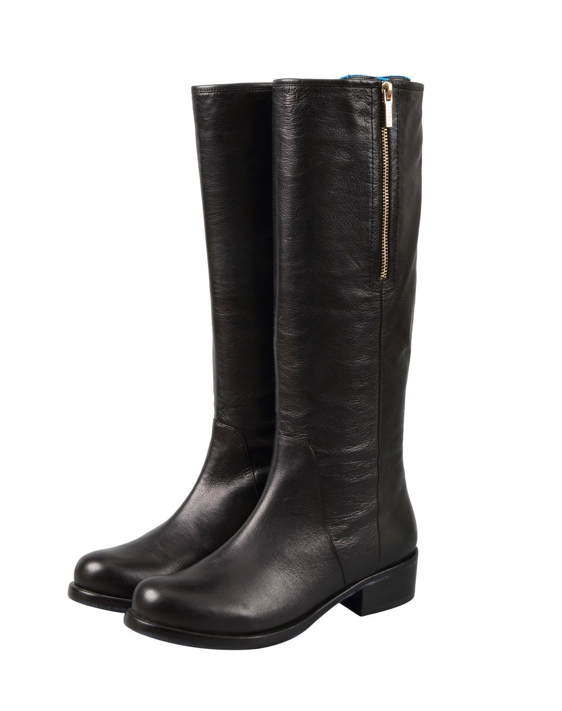 黑色羊皮靴口拼蓝色绒时尚舒适中靴