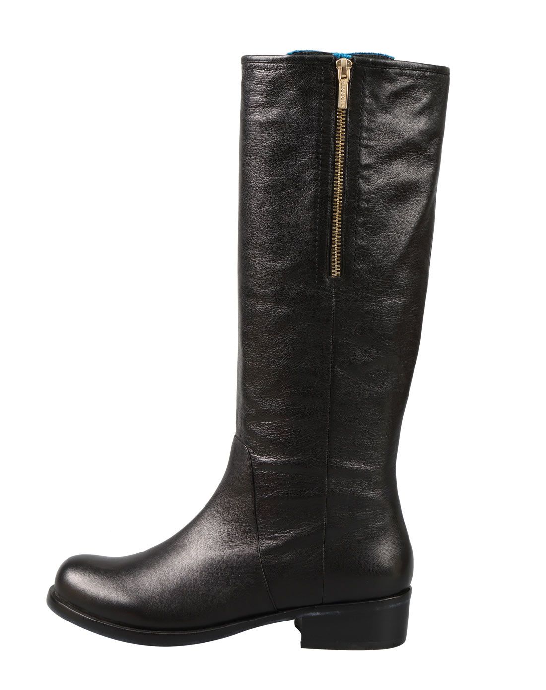 黑色羊皮靴口拼蓝色绒时尚舒适中靴